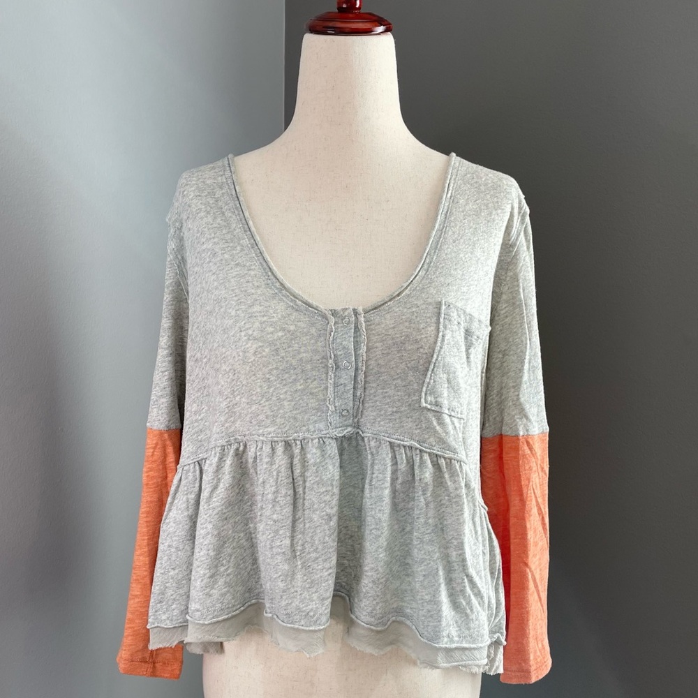 Free People We the Free Babydoll Top Large Grey and Orange Jersey Knit & Gauze